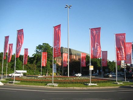 Rote Flaggen wehen von einem Fahnenmast an einer Straße mit blauem Himmel im Hintergrund